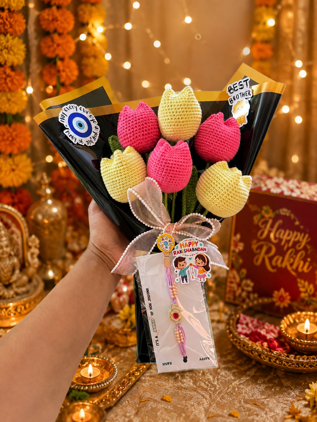 Tulip Forever Flower Rakhi Bouquet